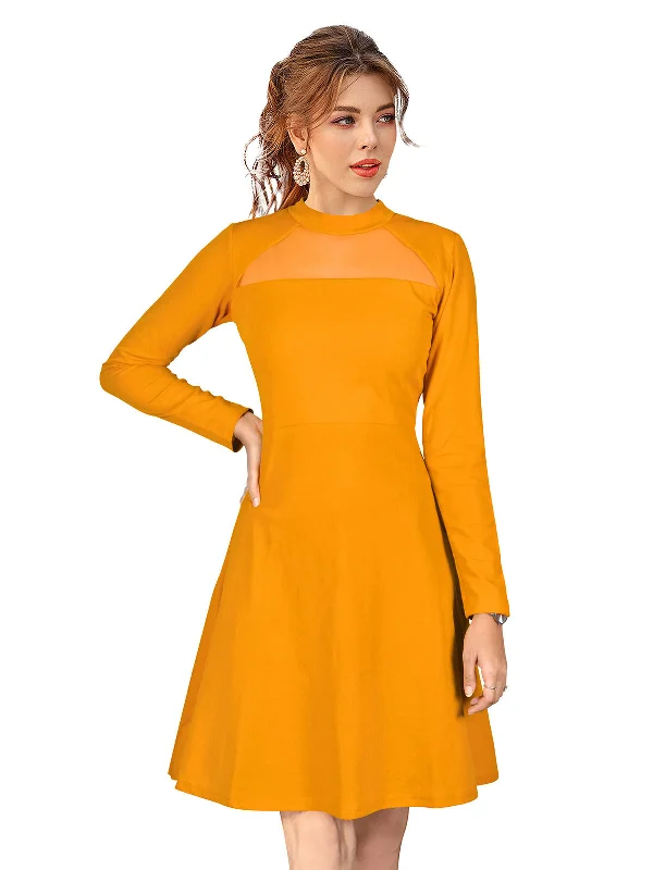 Odette Yellow Skater Knit Fabric  Dress For Women