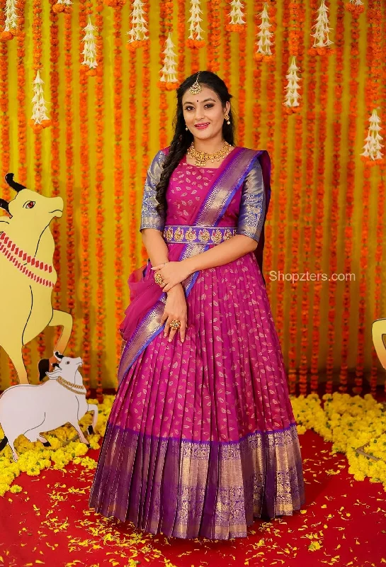 Pinkish Wine Banarasi Silk Dress With Net Dupatta And Belt