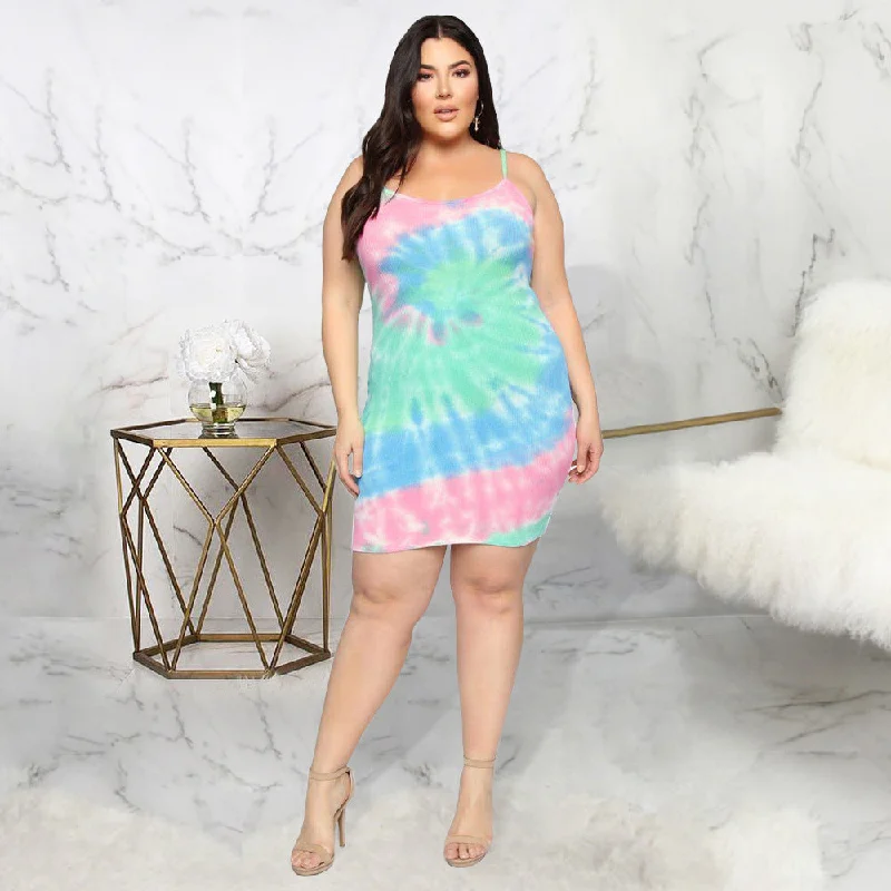 Plus Size Dress Summer Women Colorful Tie-Dye Printed Sexy  Dress