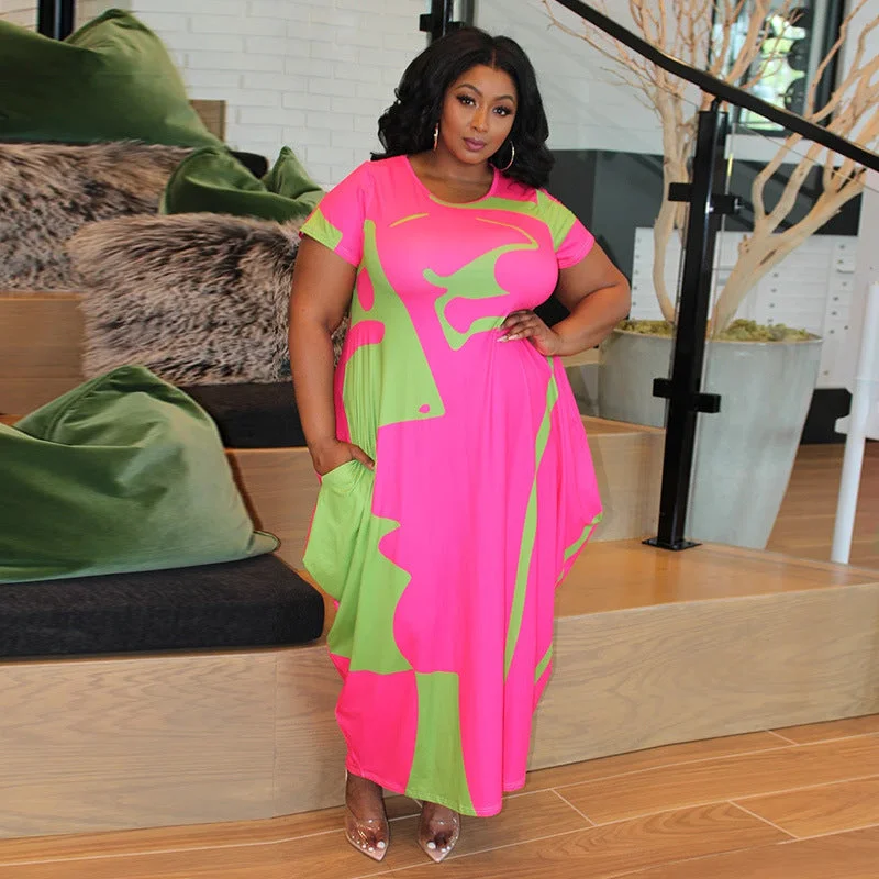 Plus Size Popular Spring Printed round Neck Long Creative Dress