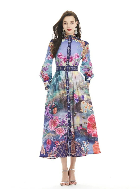 PRINTED RETRO SINGLE-BREASTED DRESS