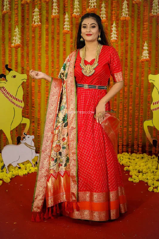 Red Banarasi Dress with Tabi silk Dupatta