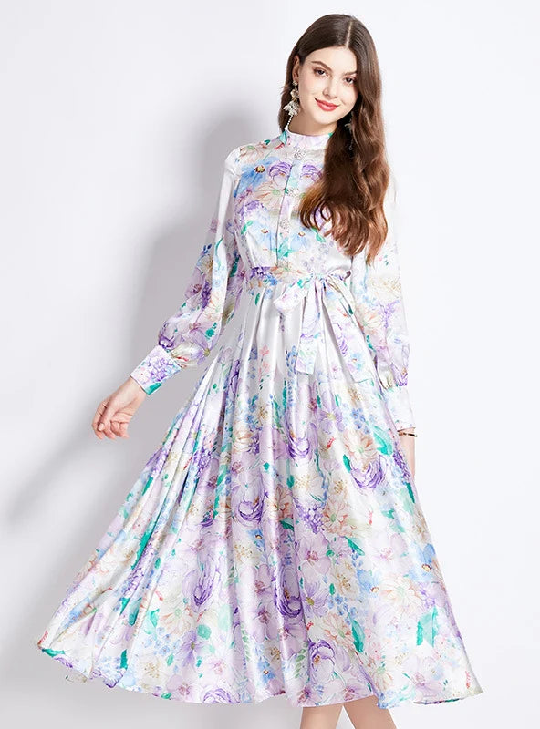 RETRO STAND-UP COLLAR LANTERN SLEEVE PRINTED DRESS