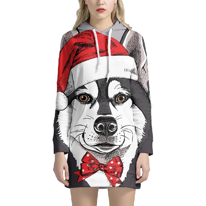Santa Siberian Husky Print Pullover Hoodie Dress