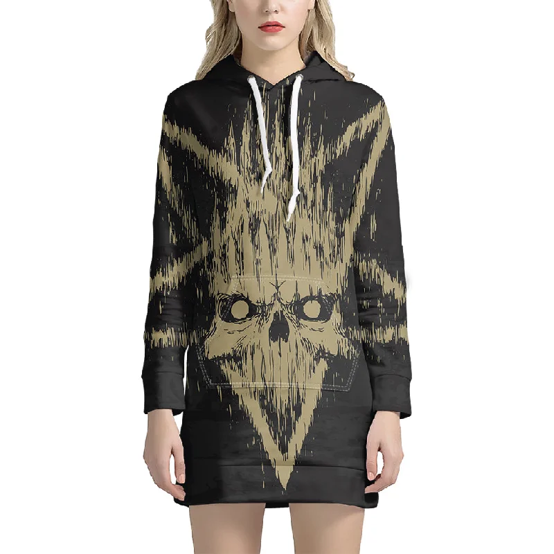Satanic Pentagram Skull Print Pullover Hoodie Dress