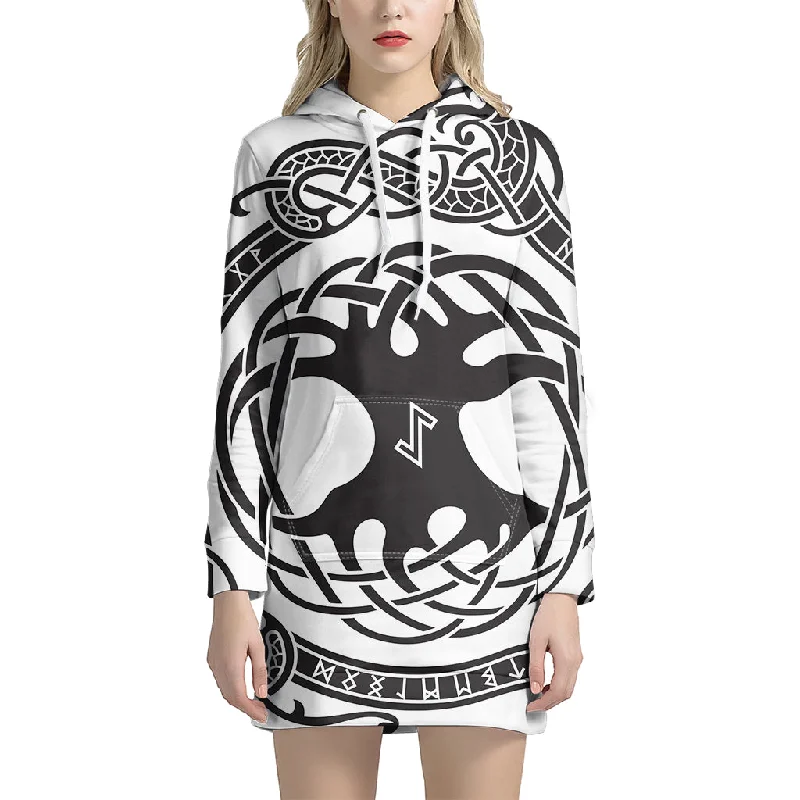 Scandinavian Yggdrasil Print Pullover Hoodie Dress