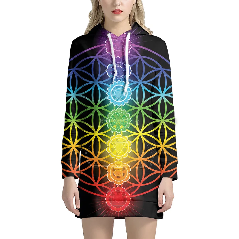 Seven Chakras Flower Of Life Print Pullover Hoodie Dress