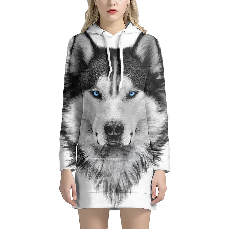 Siberian Husky Portrait Print Pullover Hoodie Dress