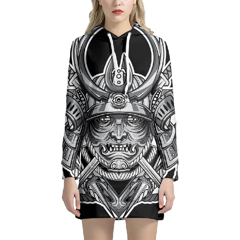 Silver Samurai Mask Print Pullover Hoodie Dress