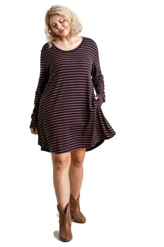 Striped Casual Dress, Navy / Brown