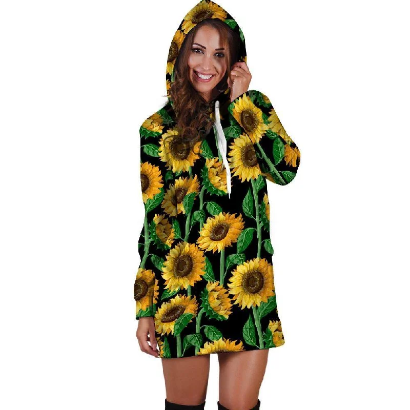 Sunflower Black Print Hoodie Dress