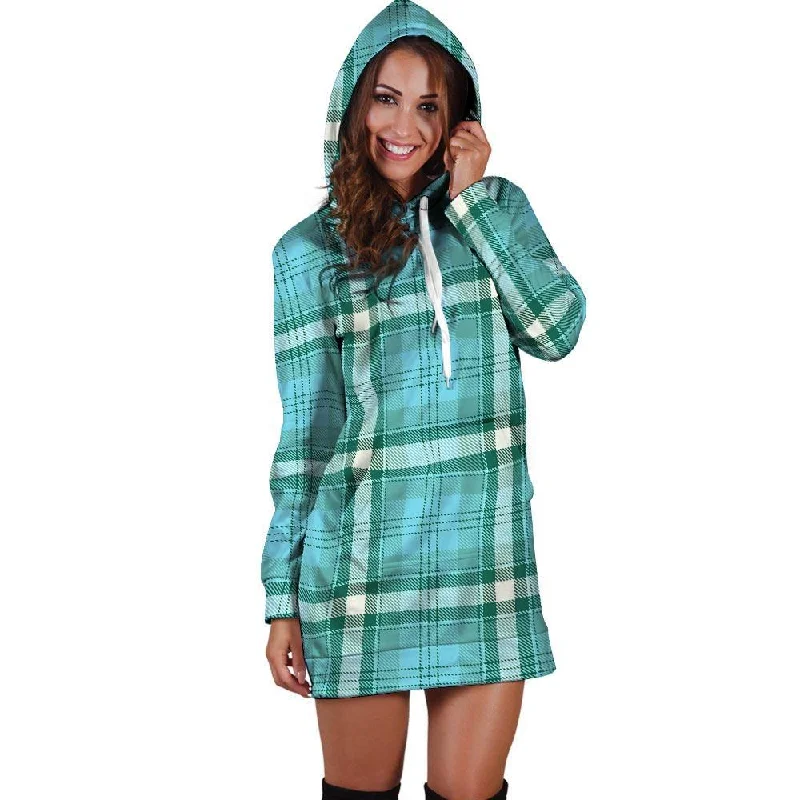 Tartan Aqua Blue Plaid Hoodie Dress