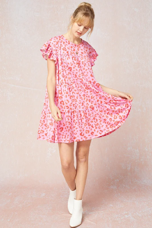 Tiered Ruffled Leopard Dress, Pink