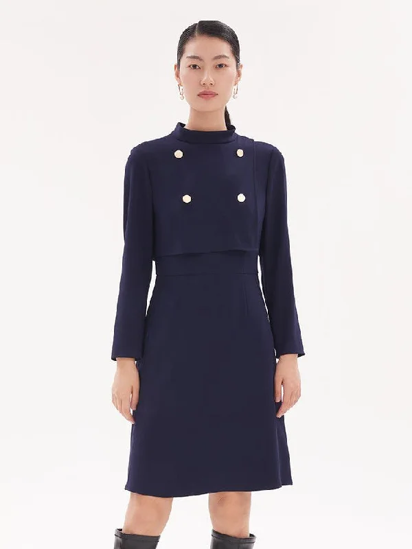 Triacetate Stand Collar Fitted-Waist Dress
