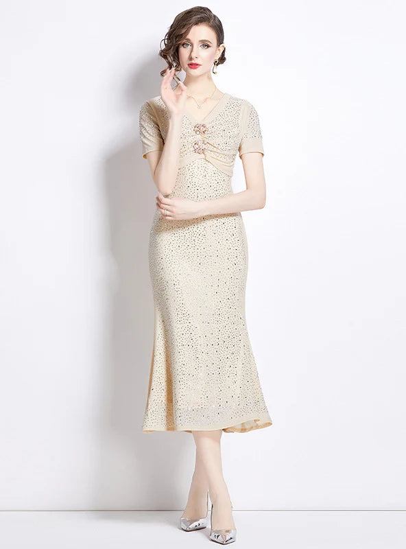 V-NECK RHINESTONE SLIM FISHTAIL DRESS