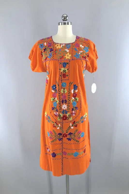 Vintage Orange Mexican Embroidered Dress