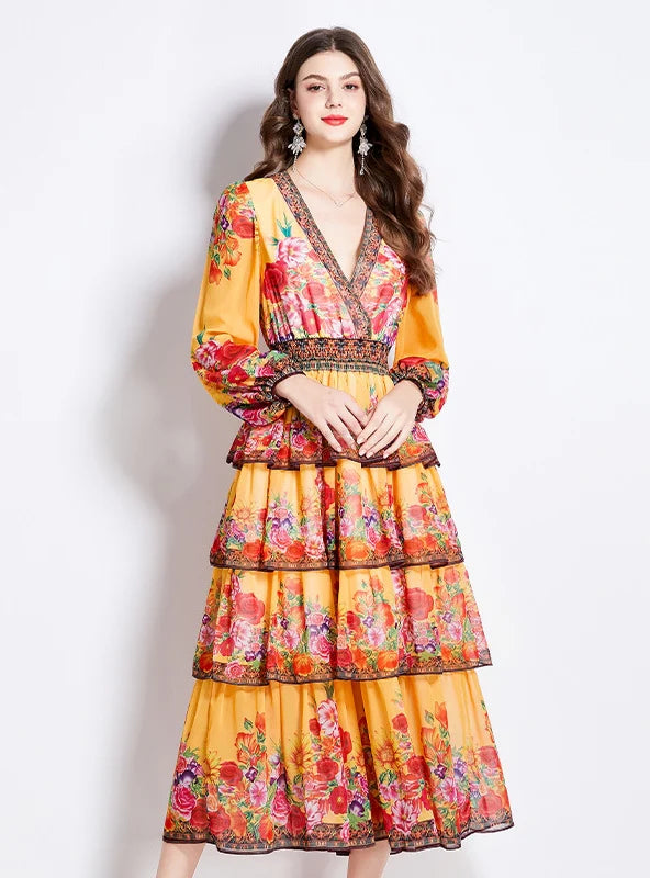 VINTAGE V-NECK RUFFLED CAKE DRESS