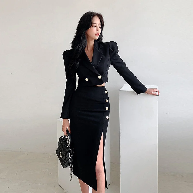 2 Pieces Outfits Black Set Office Women Formal Kit Temperament Lady Sexy Short Crop Tops Coat Slit Midi Skirt Slim Suits relaxed fit skirt 2 Pieces Outfits Black Set Office Women Formal Kit Temperament Lady Sexy Short Crop Tops Coat Slit Midi Skirt Slim Suits relaxed fit skirt