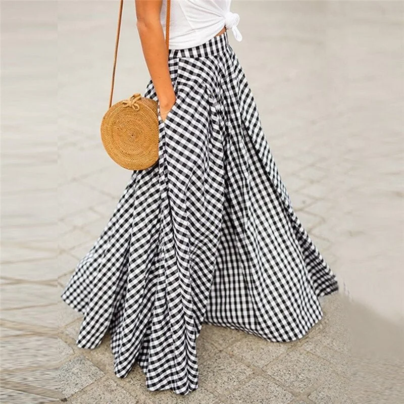 2023 Summer Plaid Check Midi Skirt Vintage Party Pleated Skirts Women Casual Elastic Waist Swing Dress Female Vestidos boho skirt vibe