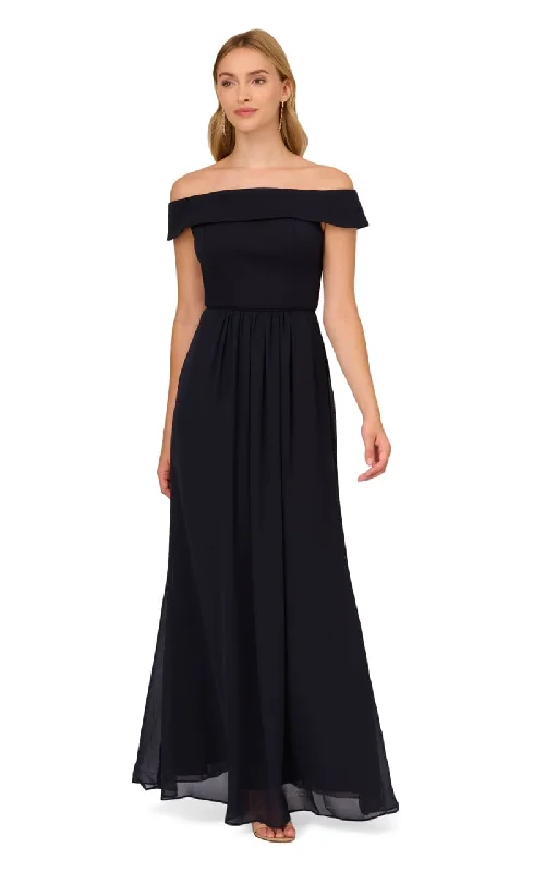 Adrianna Papell - Off The Shoulder Crepe Chiffon Gown With Soft Skirt In Midnight lace skirt elegant Adrianna Papell - Off The Shoulder Crepe Chiffon Gown With Soft Skirt In Midnight lace skirt elegant