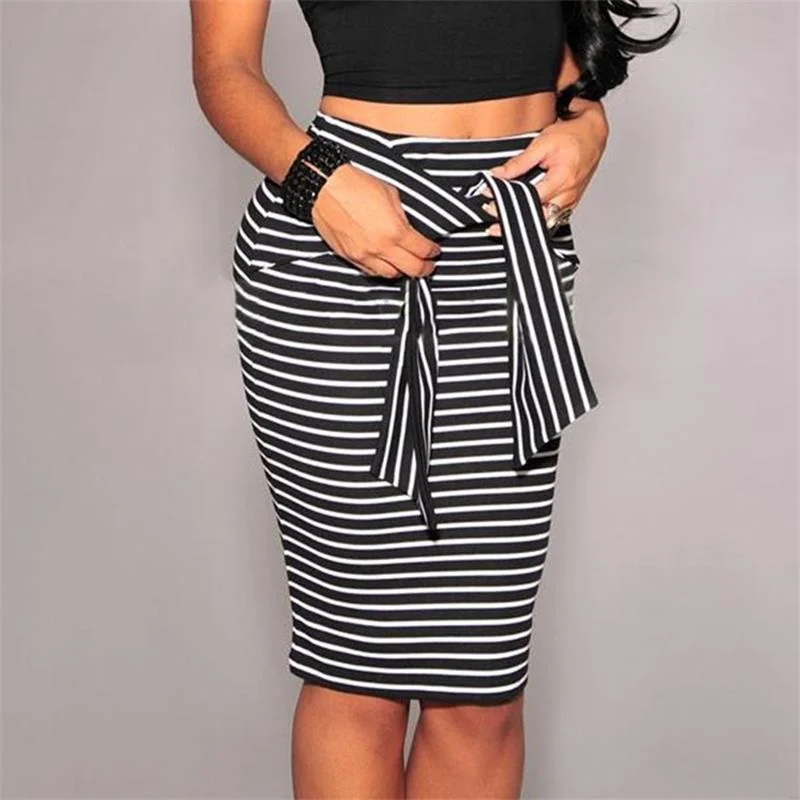 Casual Pencil Midi Women Skirt  Striped Bodycon Autumn Summer Spring  Slim High Waist Skirt Black & White new flowy skirt hem