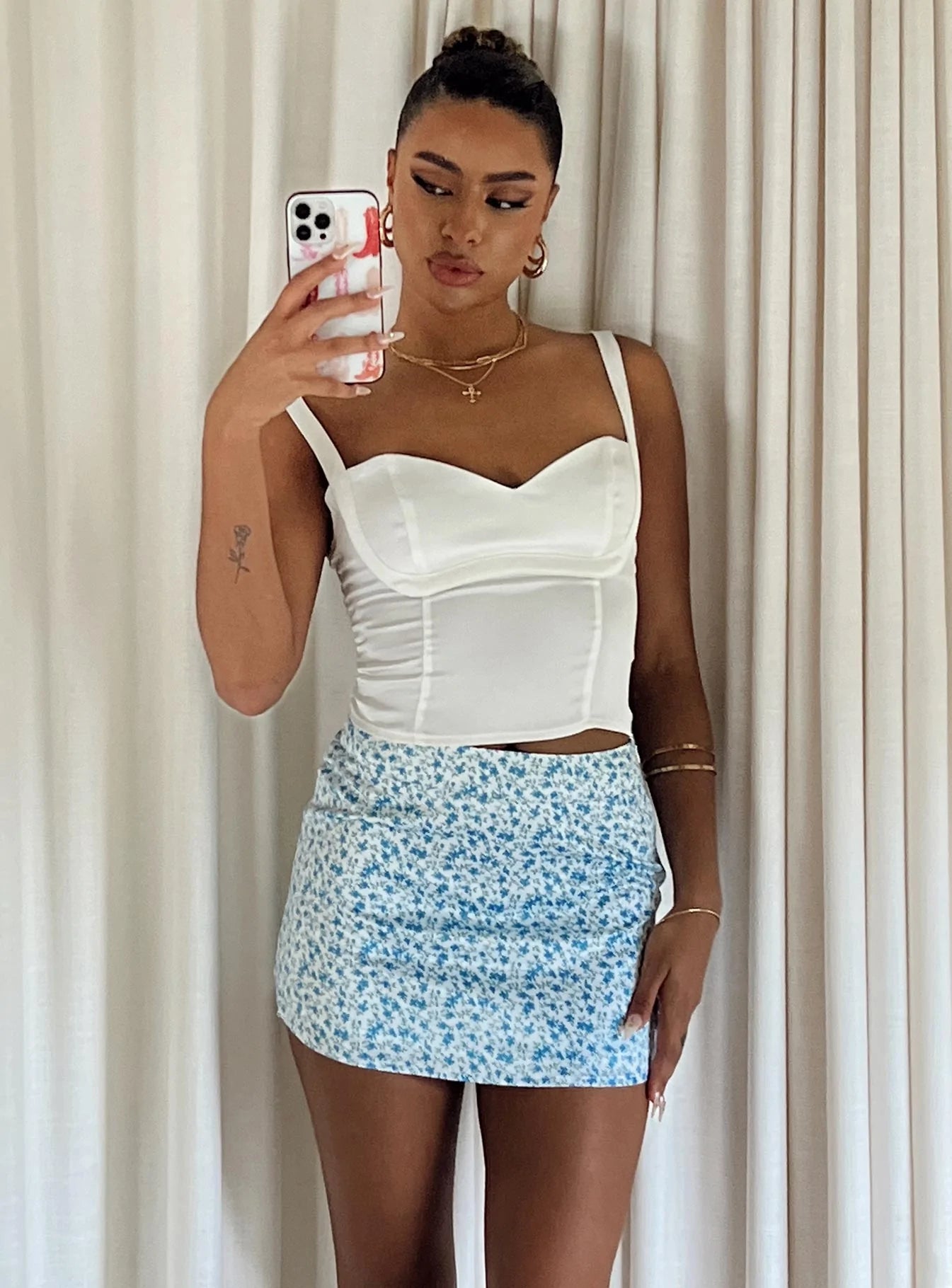 Celena Mini Skirt Blue Floral leather skirt sleek