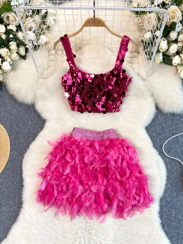 Dazzling Fuchsia Sequin Top with Feather Skirt Ensemble wool skirt breathable
