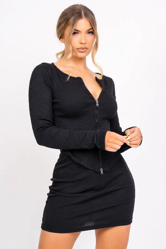 Feel The Vibe Black Two Piece Cardigan Mini Skirt Co-ord Set ribbed skirt waist