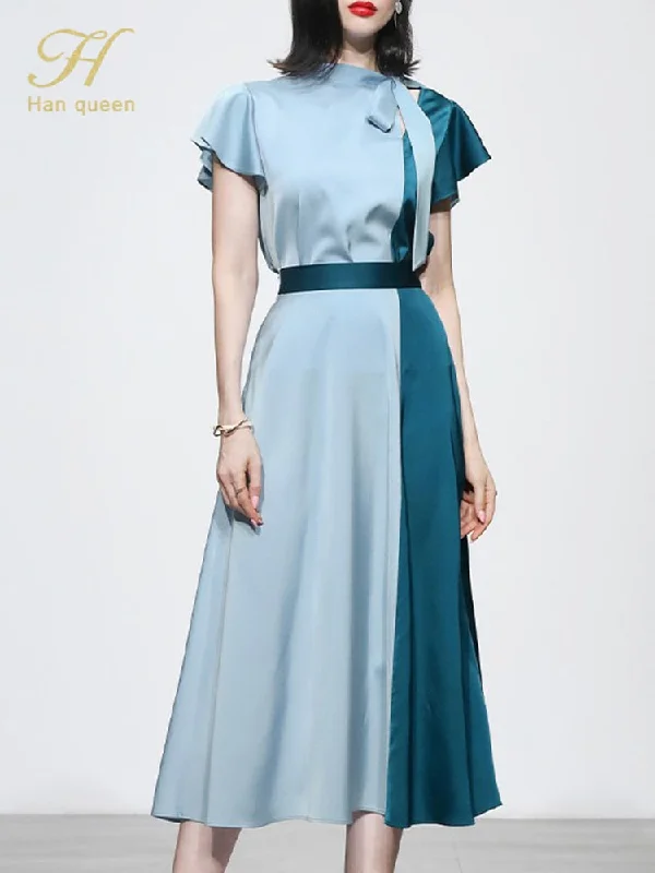 H Han Queen Contrast Satin 2 Pieces Set Women Summer Lace-Up Shirts Blouses And High Waist A-Line Midi Skirts Office Lady Suit seamless skirt comfort