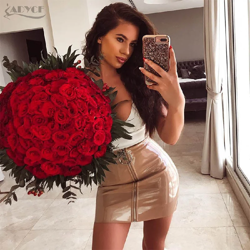 Mini Length Khaki Apricot Black Nude Bodycon Front Zipper Skirts belted skirt waist