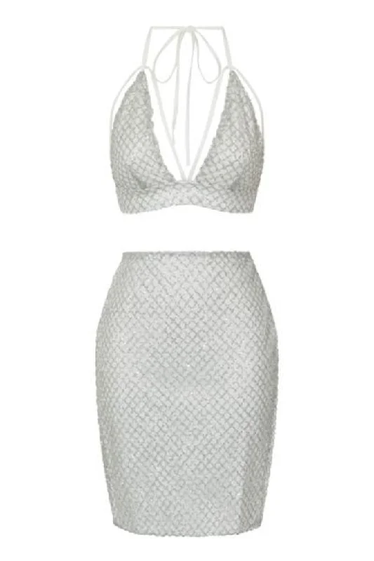 Monica White Silver Glitter Cut Out Two Piece Skirt Bralet Co Ord Set slim fit skirt