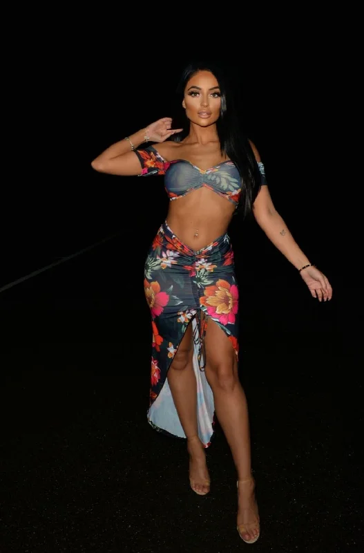 Obsession Black Floral Cropped Top Rauched Skirt Two Piece Co Ord Set silk skirt lustrous