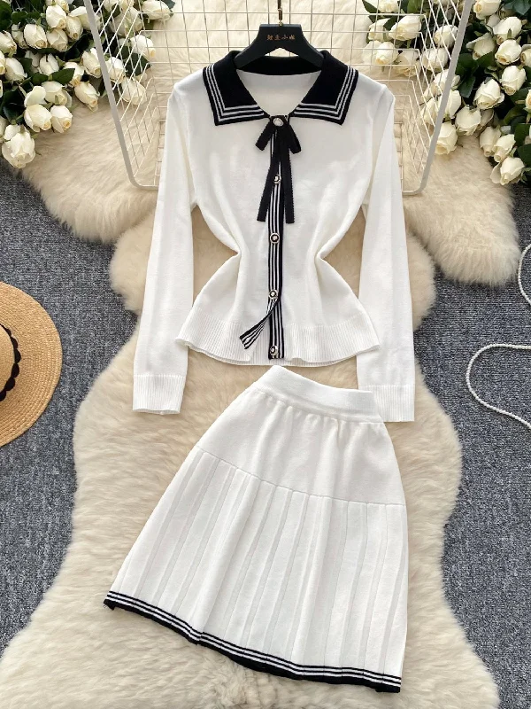 Pleated Skirt Bow White Black Knit Set corduroy skirt cozy