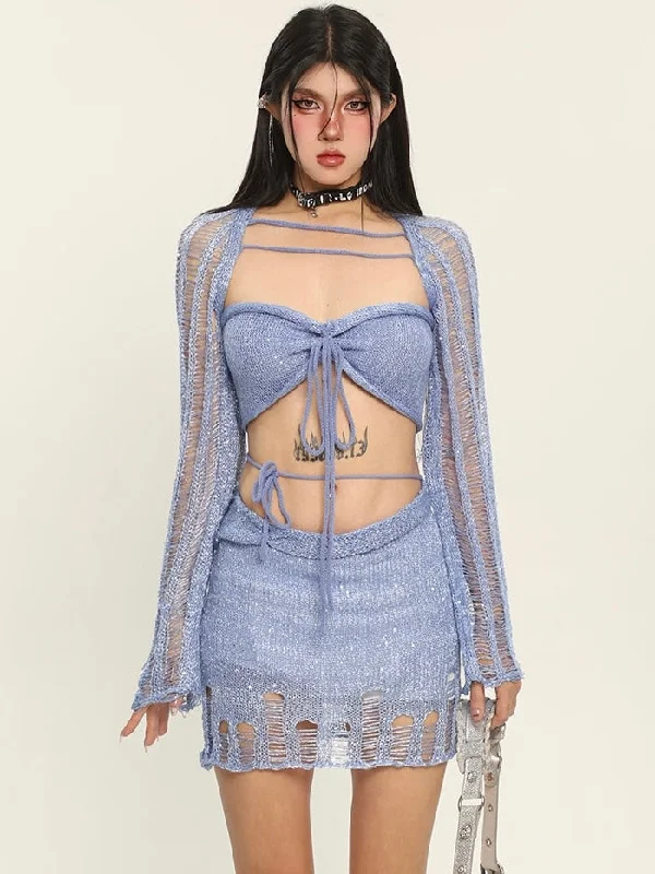 Polly Solid Color Distressed Knitted Halter Cropped Top + Low Waist Strap Mini Skirt Matching Set leather skirt modern