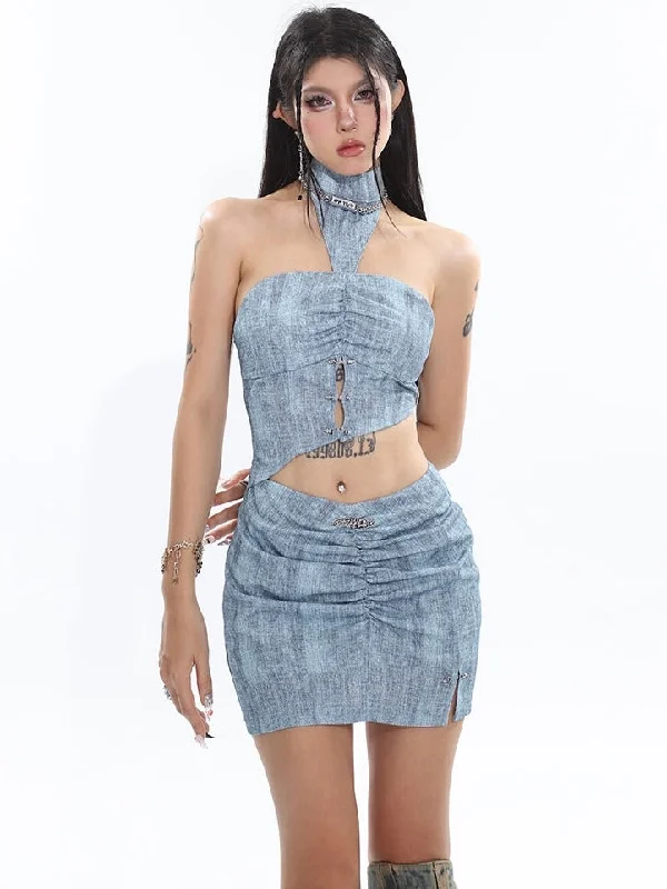 Sloan Blue Halter Neck Cut Out Asymmetrical Bandeau Top + High V-Waist Pleated Slim Mini Skirt Matching Set cashmere skirt soft Sloan Blue Halter Neck Cut Out Asymmetrical Bandeau Top + High V-Waist Pleated Slim Mini Skirt Matching Set cashmere skirt soft