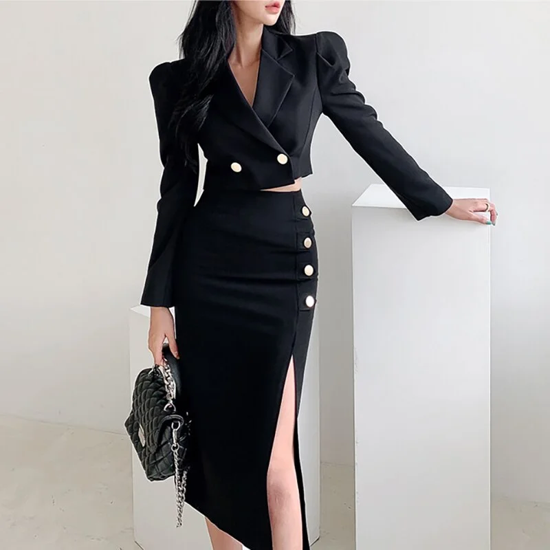 Spring Short Black Suits Skirt Set 2023 Women's OL Temperament Short Top Coat Midi Split Slim Skirt Suits seamless skirt comfort