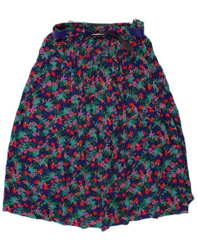VINTAGE Womens A-Line Skirt UK 14 Medium W30 Blue Floral Polyester wool skirt sturdy