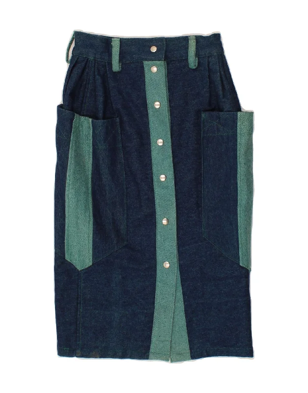 VINTAGE Womens Denim Skirt W24 XS Navy Blue Colourblock denim skirt trendy