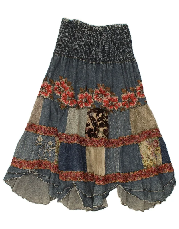 VINTAGE Womens High Waist Denim Skirt W30 Medium Blue Patchwork floral skirt print