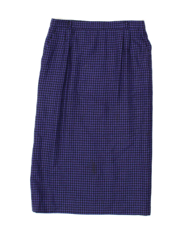 VINTAGE Womens Straight Skirt IT 42 Medium W30  Purple Houndstooth Wool button skirt front