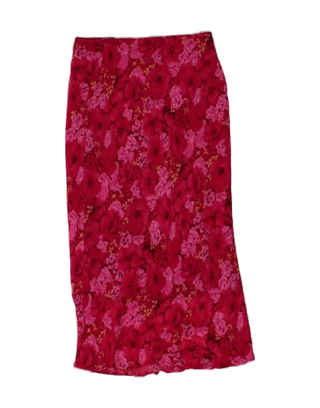 VINTAGE Womens Straight Skirt UK 14 Medium W30 Pink Floral Viscose ruffled skirt detail