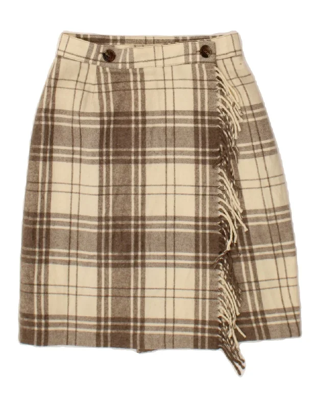 VINTAGE Womens Wrap Skirt IT 44 Medium W28 Beige Check Wool button skirt front