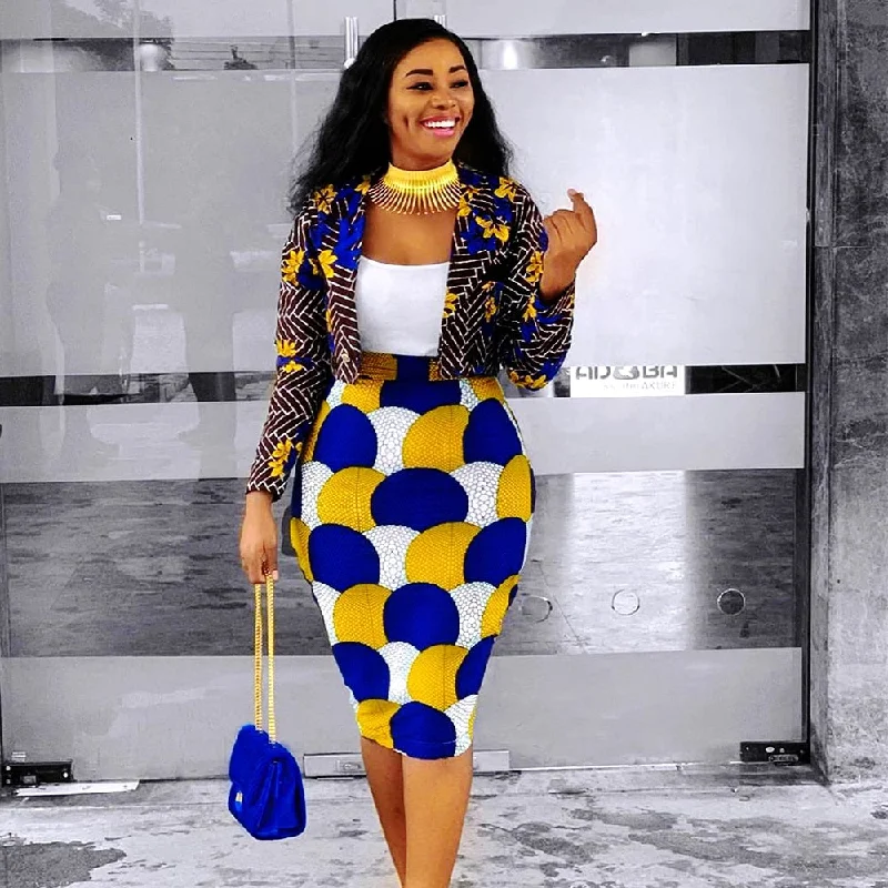 Women Print 2 Piece Skirt Set Dashiki African Long Sleeve Crop Top Suit Midi Skirt Casual Plus Size Two Piece Set Outfit silk skirt smooth
